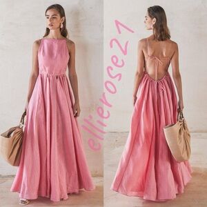 NWT Cult Gaia Bella Pink Linen Tie Up Cutout Open Back Maxi Dress S